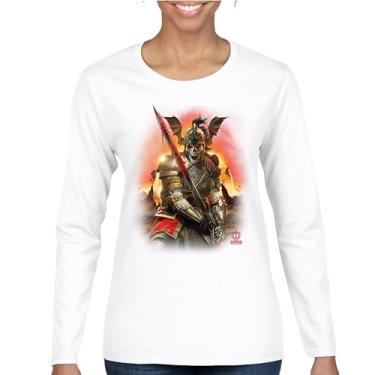 Imagem de Camiseta feminina de manga comprida Apocalypse Reaper Fantasy Skeleton Knight with a Sword Medieval Legendary Creature Dragon Wizard, Branco, G