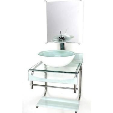 Imagem de Gabinete de vidro 40cm para banheiro curvado duplo inox cuba redonda b