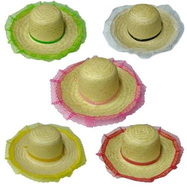 Imagem de Chapéu Palha C/Renda Festa Junina Kit C/5 Unid Cores Sortidas