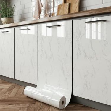 Imagem de Papel de parede imitação de efeito de mármore pintado à prova d'água e à prova de óleo papel de parede autoadesivo para armários de cozinha banheiros e móveis branco elegante 40 * 500 cm