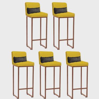 Imagem de Kit 05 Banqueta Alta com Encosto Lucca Industrial Cozinha Balcão Ferro Bronze Sintético Amarelo e Almofada Cinza - Ahz Móveis