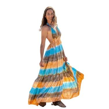 Imagem de Vestido longo boêmio de praia, frente única, estampado, sexy, alças finas, saias longas, verão e praia, Azul, Female XXL
