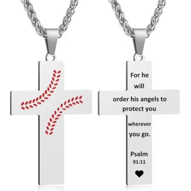 Imagem de Colar masculino com cruz de beisebol, versículo bíblico, pingente, presente para aniversário, Natal, batismo, cristão, religioso, acessórios de beisebol, presentes, Small, Aço inoxidável, Sem Pedra