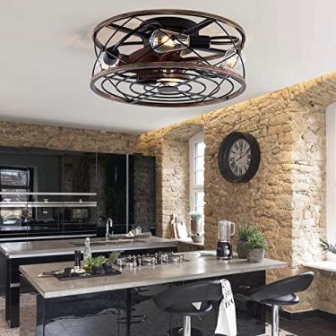 Imagem de Ventiladores de teto retrô com luzes e controle remoto Ventilador de teto preto mudo com iluminação 6 velocidades DC temporizador reversível Ventilador de teto industrial com lâmpada para ba