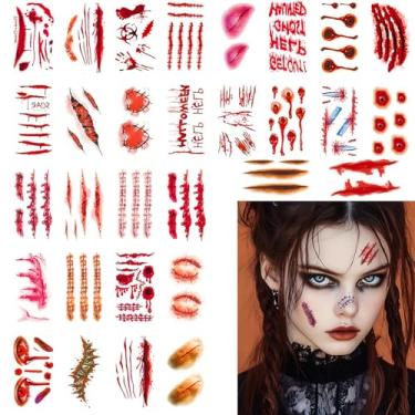 Imagem de 30 folhas, mais de 220 peças, tatuagem temporária de cicatrizes falsas de Halloween, adesivos realistas para ferimentos de rosto para maquiagem de zumbis e adereços de festa
