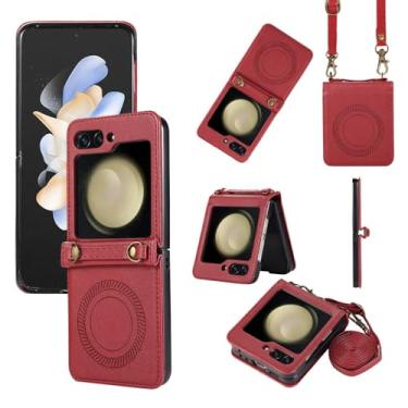 Imagem de Capa de telefone de couro crossbody para samsung z flip 5 4 3 5g flip5 corda longa para carregamento capa de cordão, vermelho, para samsung z flip 5