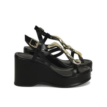 Imagem de Anabela Preta Napa Detalhe Cobra Dourado Salto 9cm Glamour