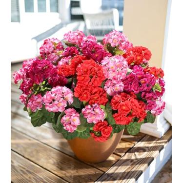 Imagem de Flores artificiais de gerânios falsos para ambientes externos, 6 pacotes de flores de gerânios de seda, plantas falsas realistas, resistentes a UV, flores falsas para plantadores externos, porta da