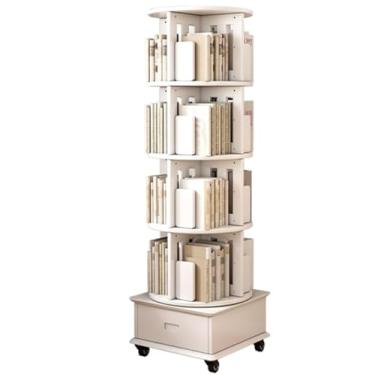 Imagem de Estante giratória moderna de madeira maciça com tela de 360°, 1 gaveta e rodas - torre giratória para pequenos espaços - Organizador de prateleira de livros de canto estreito de 5 camadas em branco