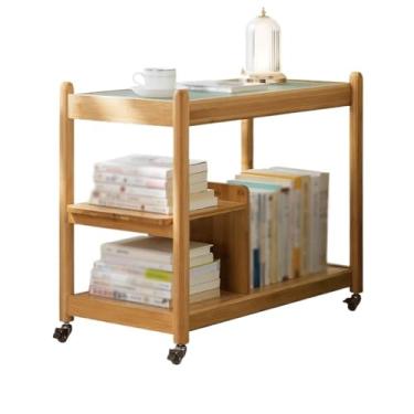 Imagem de Carrinho organizador de estante de arquivo com rodas universais, prateleira de armazenamento de bambu com placa de vidro, para estudo em casa ou escritório, suporte de impressora, escritório em casa
