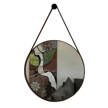 Imagem de Espelho Adnet Redondo Decorativo Com Alça 40cm Completo Café