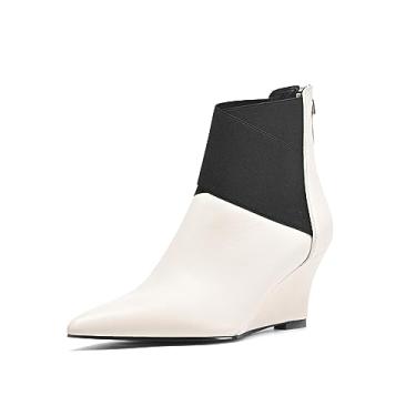 Imagem de TinaCus Botas femininas de couro genuíno feitas à mão bico fino salto anabela com zíper nas costas, Bege, 8.5