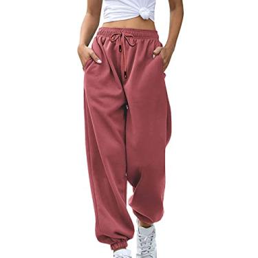 Imagem de Tawop Calça de moletom lisa para mulheres 2023 com cordão cintura elástica calça atlética calça justa calça larga Y2K, Vinho, P