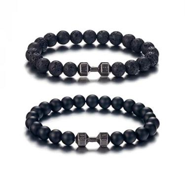 Imagem de SOFTONES Pulseiras de haltere com pingente preto para homens e mulheres com pedra natural com miçangas e halteres conjunto de pulseiras presentes, Pedra Níquel, Pedra vulcânica