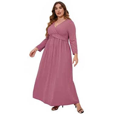 Imagem de KOJOOIN Vestido plus size Boho feminino plus size vestidos casuais com gola V vestido maxi com cinto rodado vestidos longos boho, Rosa escuro, 5G