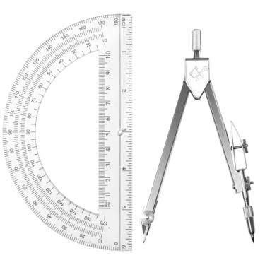 Imagem de Tdfronien Conjunto de matemática de geometria para estudantes, bússola de desenho e braço oscilante transparente de 15,5 cm, transferidor de matemática de 180 graus