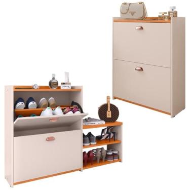 Imagem de Kit Sapateira Milano Closet Prateleira Organizadora Calçados Banquinho Hall Entrada Gaveta Basculante Off White/Cinamomo - Lojas RPM