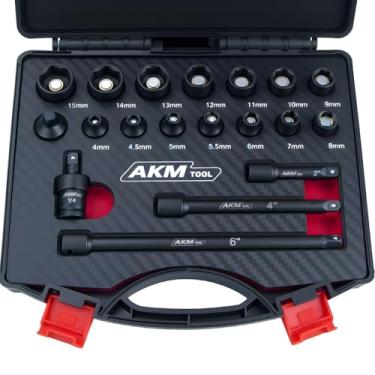Imagem de AKM TOOL Conjunto de soquetes magnéticos de impacto de 1/10.2 cm, métrico de 19 peças, 4 mm-15 mm, 6 pontos, Cr-Mo, acionamento quadrado, soquete magnético com adaptador, junta universal e extensão