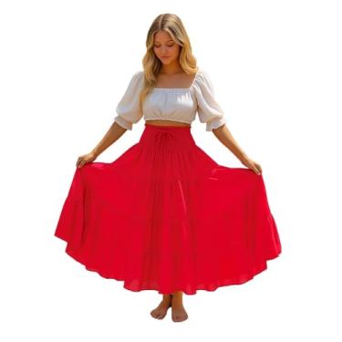 Imagem de ThePirateDressing Saia maxi com cintura elástica boho renascentista medieval camponesa pirata C1868 vermelha pequena