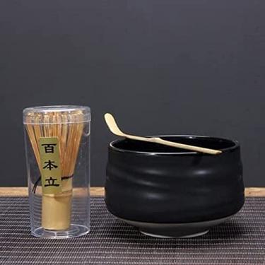 Imagem de QLDFX Tigela Matcha Tigela de Salada Tradicional Fosco Preto Verde Crackle Matcha Kit Cerâmica Chawan Kiln Glazed Whisk Holder Chasen Scoop Matcha Bowl Conjunto de Chá (J)