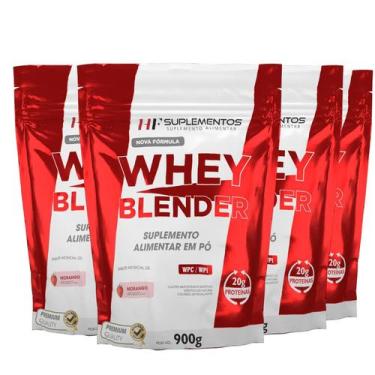 Imagem de 4x whey blender concentrado morango 900g hf suplementos
