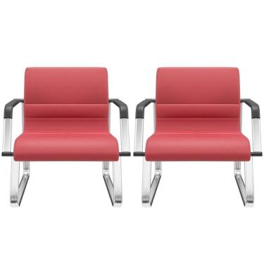 Imagem de Kit 02 Cadeiras De Escritório Recepção Fixa Pés Cromado Lev P03 Crepe Vermelho - Lyam Decor