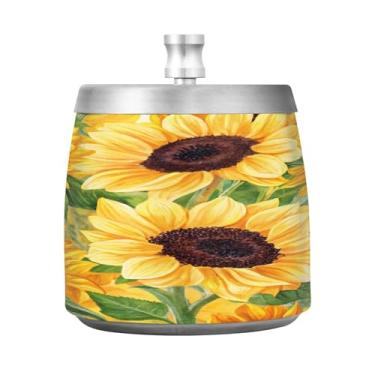 Imagem de Qilmy Cinzeiro de aço inoxidável girassóis e borboleta com tampa - Cinzeiro de cigarro à prova de vento sem cheiro sem fumaça para casa, escritório, carro, pátio, varanda (uso interno e externo)