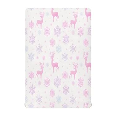Imagem de JUZIHAI Lençol de berço 132 x 71 cm, capa de colchão de bebê de Natal elegante de cervo macio, respirável, elástico para meninos e meninas, lençol de brincar para berço padrão e cama de criança
