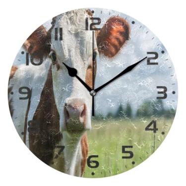 Imagem de JUZIHAI Relógio de parede branco marrom vaca silencioso, sem tique-taque, relógios de parede redondos operados por bateria, fácil de ler, relógio decorativo de parede para casa, cozinha, sala de estar