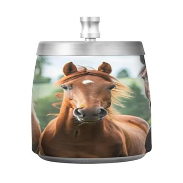 Imagem de Qilmy Cinzeiro de aço inoxidável Thinking Horse com tampa - Cinzeiro de cigarro à prova de vento sem cheiro sem fumaça para casa, escritório, carro, pátio, varanda (uso interno e externo)