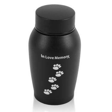 Imagem de Rosvola Urnas para cães, urna memorial de animais de estimação para cães, suporte de cinzas memorial de aço inoxidável, caixa de cremação de cães de gato com estampa de pegada fofa para casa (preto, P