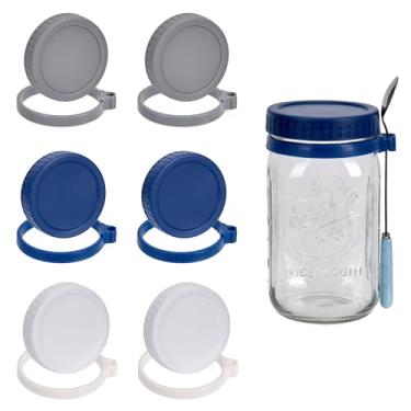 Imagem de Pacote com 6 tampas de pote de pedreiro com suporte de colher, tampa de frasco de plástico colorido de boca larga com areia de silicone, tampas de latas reutilizáveis para bolas, Kerr e mais frascos