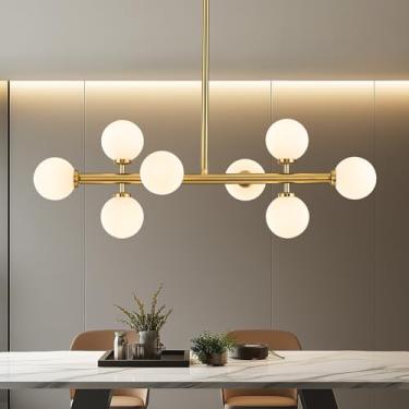 Imagem de PiWWPi Lustres lineares modernos para sala de jantar, lâmpada de teto pendente Sputnik com globo de 8 luzes, luminária de sala de jantar dourada de latão sobre mesa, bolha branca de leite de vidro de