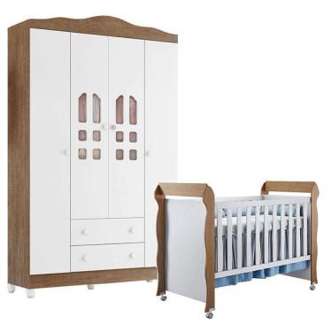 Imagem de Berço Americano Mirelle E Guarda Roupa New Selena 4 Portas Branco Acetinado Amadeirado – Carolina Móveis