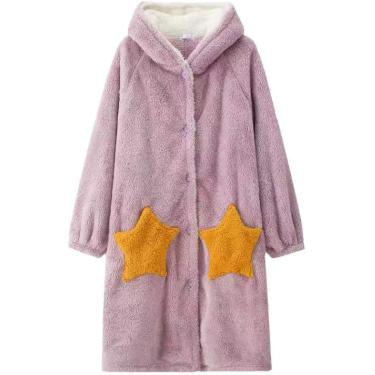 Imagem de Senhoras pijamas, camisolas femininas de inverno com capuz camisola solta quente flanela roupões plus size pijamas femininos, color3, m