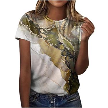 Imagem de Camisetas longas estampadas de mármore folgadas para mulheres verão outono manga curta gola redonda blusas camisas femininas 2024, A-895 amarelo mostarda, G