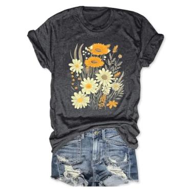 Imagem de Camiseta feminina com estampa de flores boêmias, vintage, estampa de flores silvestres, casual, botânica, manga curta, Cinza escuro - 7, G