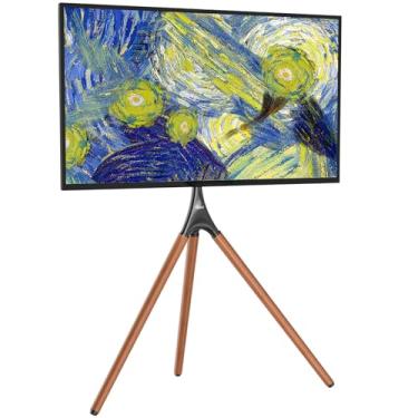 Imagem de WALI Suporte de TV de tripé, suporte de TV moderno com cavalete para telas de 45 a 65 polegadas, suporte de piso de TV portátil com suporte de pernas de madeira de faia, suporte de TV de canto