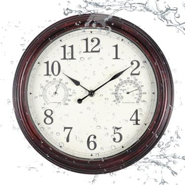 Imagem de Vigorwise Relógio de parede externo de 30,5 cm, relógio de parede de plástico à prova d'água com temperatura e umidade, relógio de parede resistente à água para pátio e jardim, marrom escuro