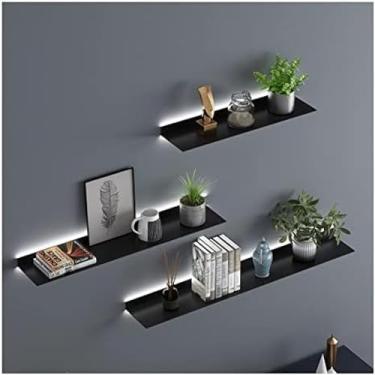 Imagem de Prateleiras flutuantes montadas na parede, prateleira de parede iluminada com luz LED embutida Prateleiras de exibição de metal criativas para prateleira de plantas ou estante de livros, pra