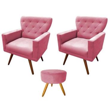 Imagem de Kit 2 Poltronas Decorativa Aurora + 1 Puff Redondo Suede Rosa Pés Made
