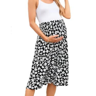 Imagem de FUNJULY Saia casual para gestantes, cintura alta, rodada, rodada, com bolsos, Flor preta e branca - v, M