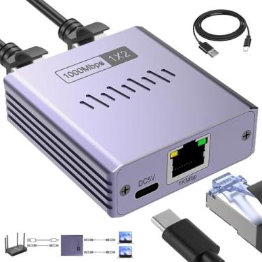 Imagem de Duomigo Divisor Ethernet 1 a 2, divisor RJ45 de alta velocidade de 1000 Mbps, capa de alumínio ultrafina, divisor LAN Gigabit com alimentação USB-C para cabos Cat5/6/7/8