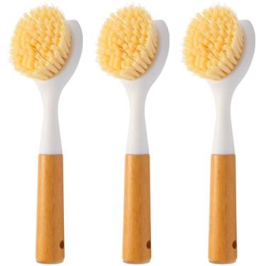 Imagem de Cooptop Conjunto de 3 escovas de prato com cabo de bambu, raspador embutido, escova de cozinha para limpeza de panelas de ferro fundido, panelas, balcão e pia de cozinha (branco)