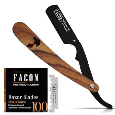 Imagem de Facón Lâminas de barbear masculinas – Kit profissional de barbeiro de borda reta com 100 lâminas, barbeador Barbero de madeira de aço inoxidável para um barbear suave e preciso, barbeador de barbeiro
