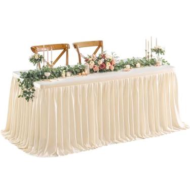 Imagem de Wish Care Saia de mesa bege longa de 2,7 m para decorações de mesas retangulares – Saia de mesa plissada de poliéster resistente a vincos para escritório, chá de bebê, festa de aniversário, banquete