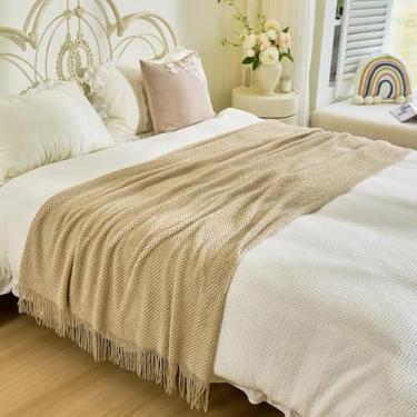 Imagem de Cachecol de corredor de cama de hotel cor sólida macio sem desbotamento toalha de cama com borla protetor de cama respirável cobertor de malha colcha de quarto decoração - cáqui ||127 * 260 cm (cama