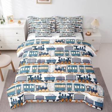 Imagem de jejeloiu Conjunto de edredom vintage de trem casal com 7 peças, motor a vapor, transporte ferroviário, desenho retrô, locomotiva, carro, cama, para decoração de quarto