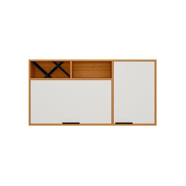 Imagem de Armário Aéreo Poliman Ravena 2 Portas 120cm Adega Garrafeiro Pistão a Gás Puxadores Preto MDP Freijó Off White Acetinado