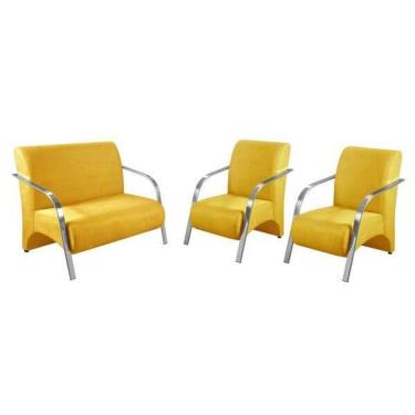 Imagem de Conjunto Poltrona Decorativa Sevilha Braço Alumínio kit 3 peças Confortável Sala Suede Amarelo